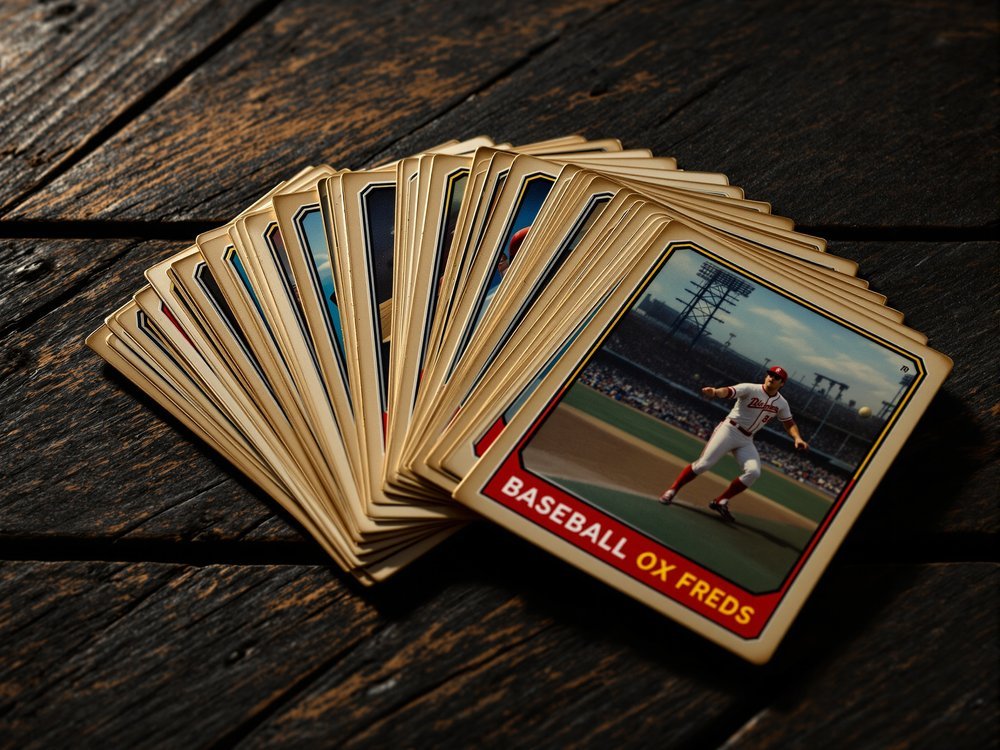 A fanned stack of worn vintage baseball trading cards on weathered wood